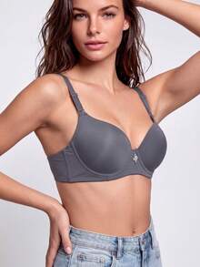 1 pièce Soutien-gorge confortable et décontracté pour femmes, sans fil, avec bonnet souple, de couleur unie - Gris - Voir 1