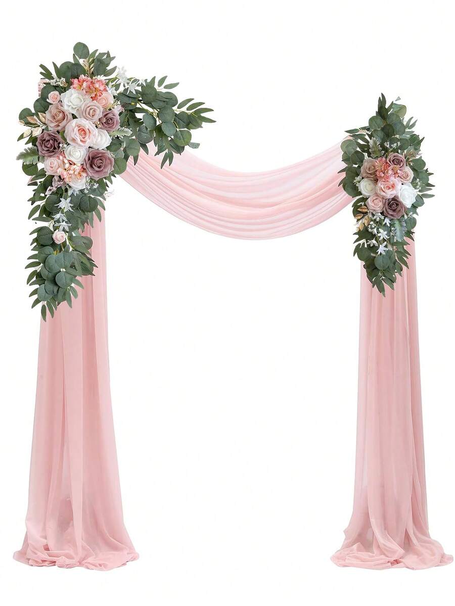 2pcs Artificial Pink Flower Wedding Arch Decor, 20ft White Shiny Arch Drape Fabric For Wedding Ceremony And Reception, Baby Shower Decoration, Birthday Graduation Celebration, Garden Party (Pink)