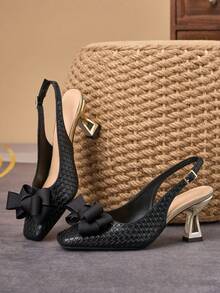 WHDXY 7cm Asymmetric Heel Backless High Heels For Women, Square Toe, Bow Decor, Elegant Dress Shoes Suitable For Commuting, Work, Dating And Party Wear - Black - View 6