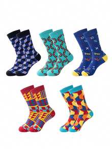1/5 Pairs Men's Socks, Couple Style, Random Multi-Color Geometric Pattern, Versatile For All Seasons, Streetwear, Soft & Comfortable Mid-Calf Casual Socks - Multicolor - View 3