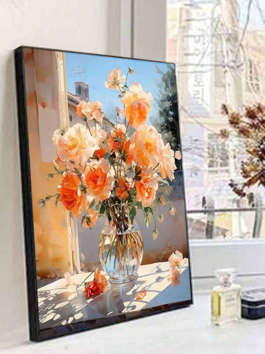 40x50cm/16x20in 橙色玫瑰花瓶窗景 DIY 數位油畫 手作手工藝 成人居家裝飾 節日禮物 - 40*50厘米 - 查看 1