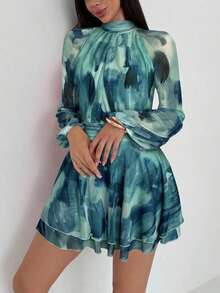 Vestido de manga larga ajustado con silueta de paraguas para mujer, nuevo para otoño/invierno, para uso casual/citas/salidas/maestras, vestido romántico con estampado de teñido anudado en púrpura y cuello alto con lazo en la cintura - Azul - Ver 7