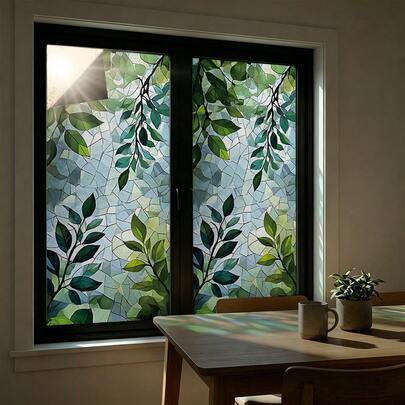 1pc Geometric Green Plant Leaf Light-Blocking Privacy Window Film, Glue-Free, Reusable PVC Electrostatic Adsorption Window Film, Suitable For Bathroom, Office, Bedroom, And Kitchen Decoration.