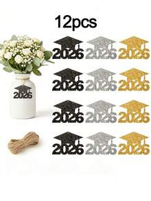 1/12/24 piezas Decoraciones para Fiesta de Graduación 2026 - Etiquetas de Gorro de Graduación con Brillo, Centros de Mesa de Florero de Papel Colorido, Material de Papel, Adecuado para Centros de Mesa de Ceremonia de Graduación, Decoración de Fiesta de Graduación - Multicolor - Ver 11