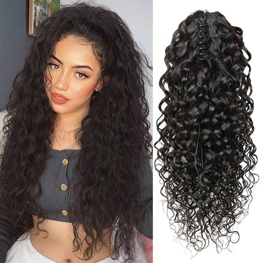 BINF Water Wave Human Hair Ponytail Clip-In Hair Extension 8-24 Inches Real Hair Ponytail Extension For Women Daily And Party Use Easy To Wear