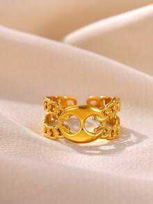 Simple Oval Hollow Open Rings For Women Gold Color Wedding Aesthetic Stainless Steel Ring Designer Jewelry Accessories Gift BFF - Yellow Gold - View 3