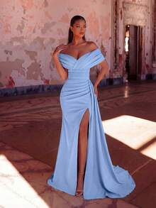 ADYCE Elegant One Shoulder Cross V Neck Pleated High Waist Long Ribbon High Slit Backless Floor Length Prom Dress Wedding Guest Prom Homecoming Date Ball - Baby Blue - View 1