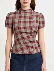 Áo kiểu nữ mùa hè, cổ kẻ caro, tay phồng, buộc dây, cài cúc phía trước. - Đỏ - Xem 1