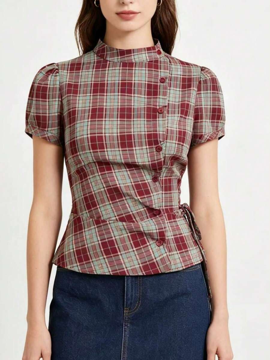 Áo kiểu nữ mùa hè, cổ kẻ caro, tay phồng, buộc dây, cài cúc phía trước. - Đỏ - Xem 1