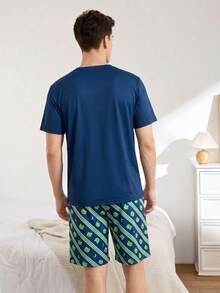 Men's Cartoon Frog Animal Graphic Printed Pajamas Set Short Sleeved Top And Shorts - Navy Blue - View 2
