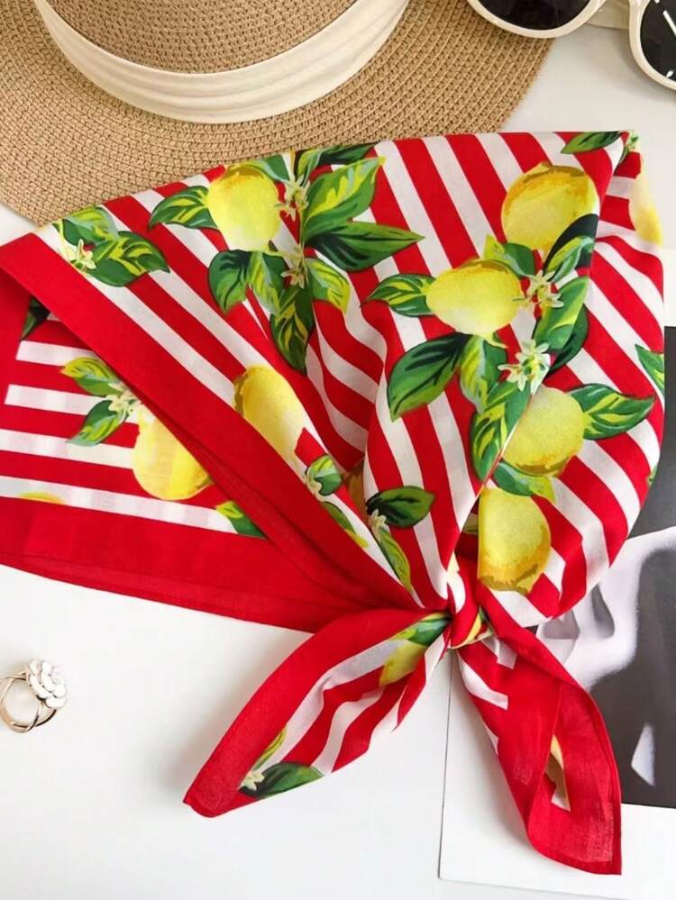 1 pieza Nuevo Pañuelo cuadrado pequeño de 100% algodón con estampado de frutas versátil, estampado floral de fibra de poliéster (poliéster) - Multicolor - Añade 4