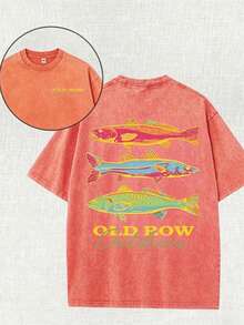 Men's Casual Summer Washed Cotton T-Shirt Old Row Outdoor Fish Print, Round Neck Short Sleeve Lightweight Knitted Fabric, Rib Details 100% Cotton - 橘紅色 - 查看 12