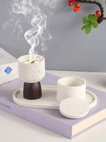 Juego de 3 piezas de quemador de incienso de resina minimalista exquisito y bandeja a juego, decorado con caligrafía árabe de significado auspicioso y patrón de árbol de coco - 3956 - Ver 3