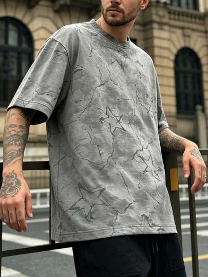 男士夏季宽松休闲V领短袖T恤，星形印花，做旧效果