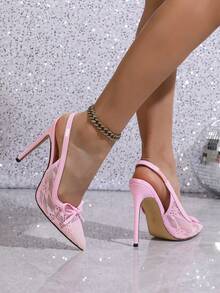Women's Lace Bow Pointed Toe High Heel Pumps, 2026 New Pink High Heels,Summer Shoes - Pink - View 5