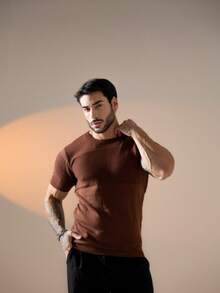 Men's Textured Short-Sleeved Knit T-Shirt With Crew Neck, Summer Chic Premium Style. - Rust Brown - View 8