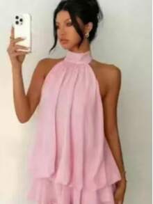 Valentine Outfits For Women Sweet Vacation Slim Sexy Backless Halter Waist-Cinching Top Puffy Short Skirt Dress For Women - 咖色波點 - 查看 6