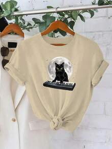 Black Cat Playing Keyboard Under Moon 180g Milk Silk Double Grinding Women's T-Shirt,Comfortable,Suitable,Casual Versatile Tops, Street Wear, Daily Outfits, Free Shipping - 杏色 - 查看 3