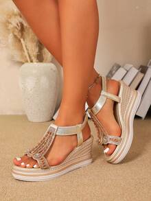 Sandal Wedges Platform Bohemian Baru 2025 untuk Wanita, Sandal Hak Tinggi Sol Tebal Gaya Romawi dengan Hak Tebal - Emas - View 5