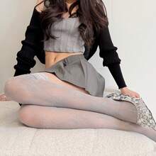 1 Pair Women's Lace Trim Purple Floral Rose Pattern Knee High Socks - Grey - View 3