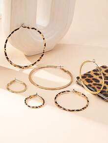 1 Set Of 3 Pairs Asymmetrical Leopard Print Hoop Earrings, Vintage Exaggerated Sexy Earrings For Women - Multicolor - View 3
