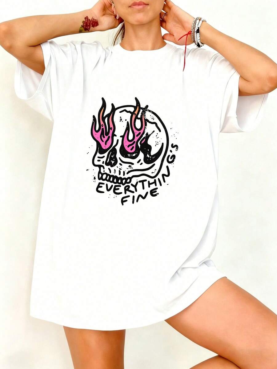 Camiseta Oversize Blanca con Calavera y Llamas Todo Bien para Verano - Blanco - Ver 1