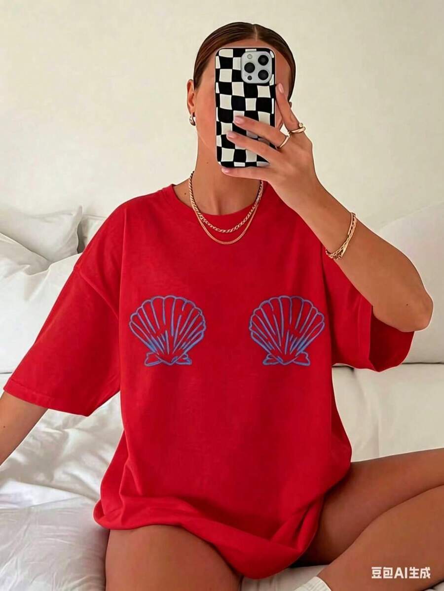 Graphic TeesWomen's Tropical Shell Print Casual T-Shirt - High Elasticity Round Neck Short Sleeve Top, Machine Washable White Blue Summer Beachwear, All-Season Comfortable Fit, Breathable Fabric, Simple Design, Tops For Women, Vacation Outfits For Women100% CottonWomen's Casual Easter Cotton T-Shirt Soft Breathable Daily Tee - 紅色 - 查看 1