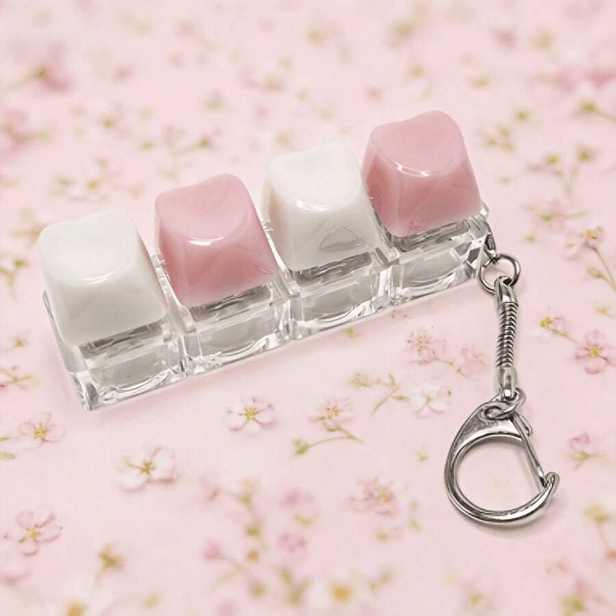 4 buah Keycap berbentuk hati warna Pink & Putih, Gantungan Kunci - MultiWarna - View 1