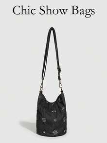 Sac seau à clous design de niche, sac à bandoulière effet denim d'été, nouveau sac à bandoulière polyvalent de style chinois à la mode pour le travail, les déplacements et les sorties décontracté pour femmes - Noir - Voir 5