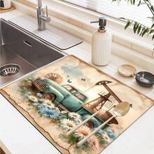 1pc Vintage Truck Pattern Printed Washing Machine Dust Cover Mat, Rubber Soft Bottom, Laundry Room Accessory, Washing Machine Top Protective Pad, Quick Absorbent And Dry, Refrigerator Dust Cover, Coffee Maker Countertop Absorbent Mat, Diatomite Draining Mat, Modern Laundry Room And Kitchen Appliance Washing Machine And Dryer Dust Cover, Home Decor, Kitchen And Dining Room Decor - Multicolor - View 9