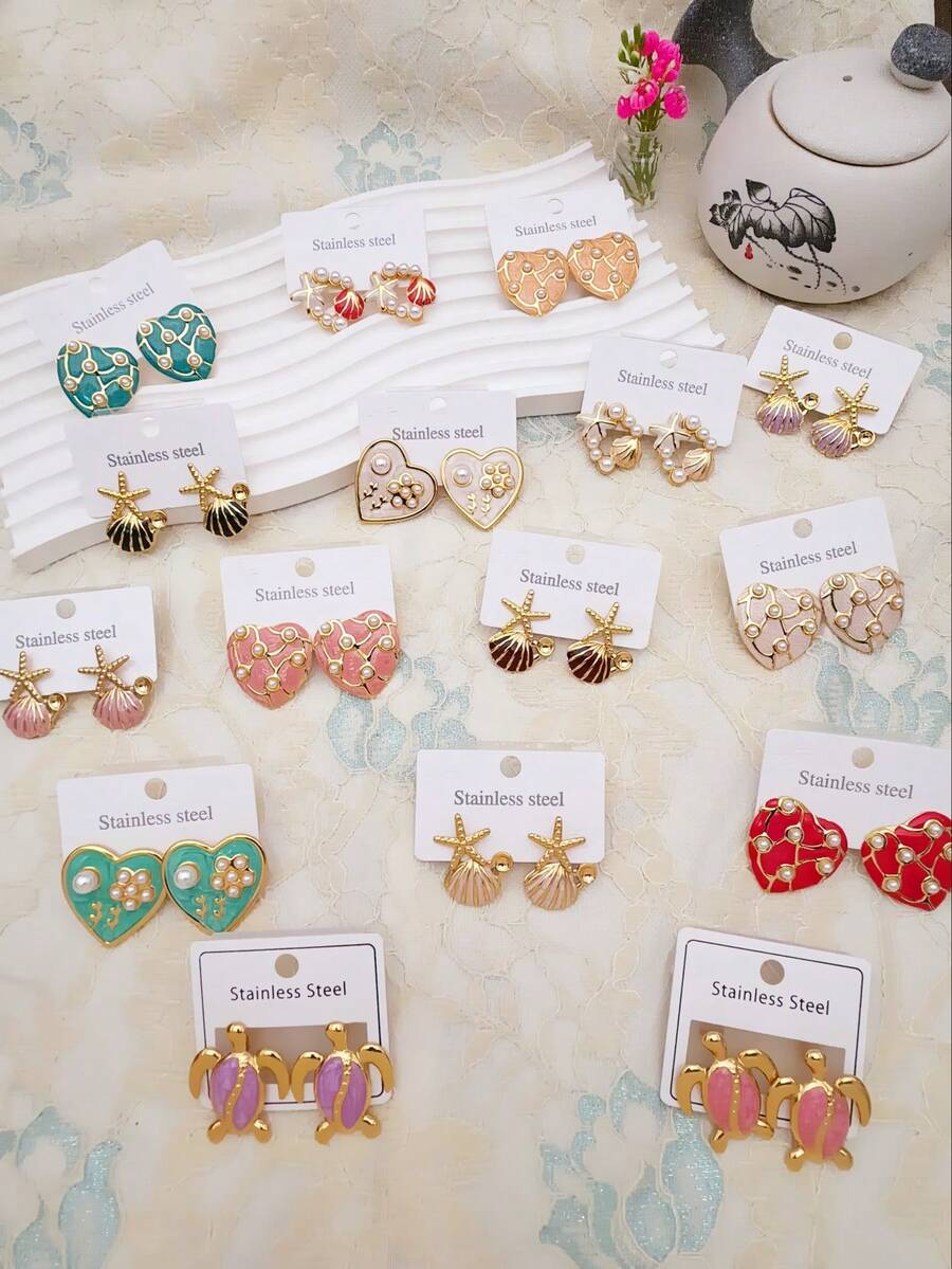 18 Pairs Elegant 304 Stainless Steel Earrings, Decorated With Turtle, Flower, Heart, Shell And Starfish Elements, Featuring Hollow Design And Incorporating Handbag And Other Geometric Shapes. These Minimalist Fashionable Stainless Steel Earrings Are Suitable For Women's Daily Wear And Also Make A Great Gift For Female Friends. - Multicolor - View 1