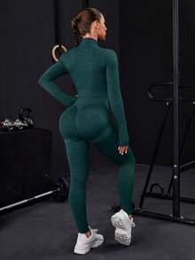 Seamless Zip-Up Tracksuit With Thumb Holes - Dark Green - View 2