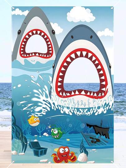 1pc Shark Themed Photo Frame, Ocean Theme Fabric Curtain Backdrop, Suitable For Birthday Party Decoration And Holiday Supplies