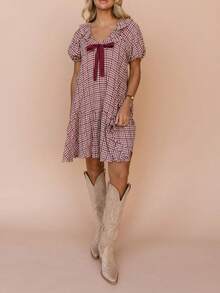 Women Plaid Babydoll Mini Dress Gingham Short Sleeve V Neck Bow Swing Dress Loose Summer Dress For Casual Daily Dating Streetwear - 紅色 - 查看 5