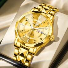 Men's Luxury Watch With Large Dial, Luminous Hands & Dual Date Display - Analog Wristwatch, Stainless Steel Suitable For Business, Professional & Casual Attire - Golden Watch For Men - Golden and Silvery - View 11