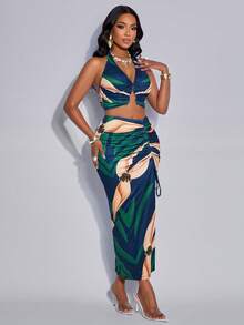 AIJ Amarilo Women's Elegant Tropical Print Ruched Hollow Out Fitted Metal Ring Buckle Niche Design Sleeveless Backless Camisole Top And Drawstring High Slit Skirt Two Pieces Set (Positioning Print) Summer - Dark Green - View 6