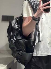 韩版手掌造型PU皮背包，大容量通勤户外日常购物防水休闲运动男女通用背包 - 黑色 - 查看 6