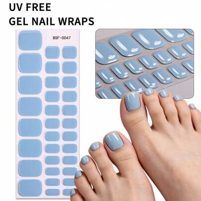 34Pcs Solid Blue UV Free Gel Toe Nail Strips, Spring/Summer Classic Minimalist Style Toe Nail Stickers, Self-Adhesive Easy To Apply,Suitable For Women And Girls Home DIY