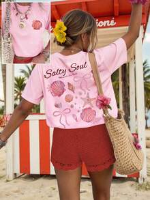 女士加大码粉色“Salty Soul”图案短袖T恤，弹力夏季休闲上衣 - 粉色 - 查看 1