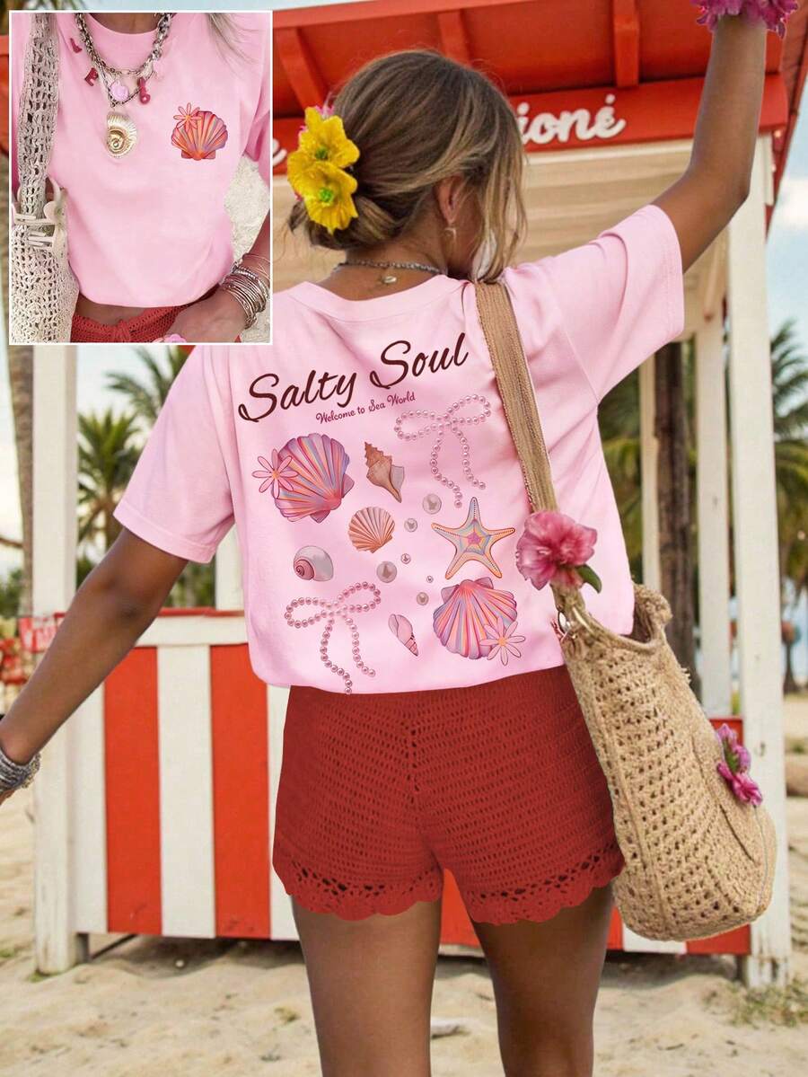 女士加大码粉色“Salty Soul”图案短袖T恤，弹力夏季休闲上衣 - 粉色 - 查看 1