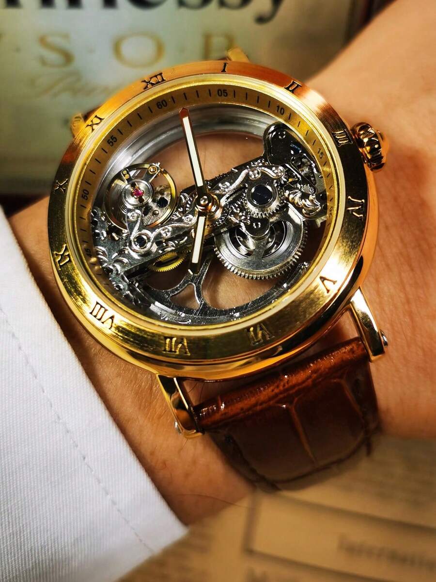 GUANQIN 1pc Men's Waterproof Luminous Gold Watch, Finely Carved Hollow Dial, Wear-Resistant Stainless Steel Case, Fashion Business Luxury Sporty Casual Men's Watch, Suitable For Easter, Halloween, Christmas, Father's Day, Birthday, Back To School, Festivals, Valentine's Day, Dates, Business, Daily Wear, Gifts, Music Festivals, Wedding Season - Gold - View 1