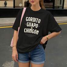 Camiseta Negra con Estampado Gordito Guapo y Chingon para Mujer Casual - Negro - Ver 3