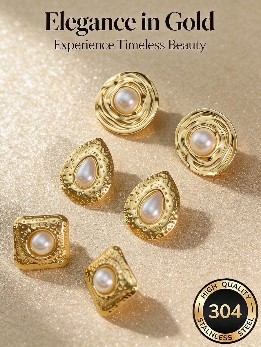 1/3pcs 18K Gold Plated Stainless Steel Vintage Pearl Earrings, Gold Baroque Style Pearl Earrings, Fashionable Geometric Oval Earrings, Anti-Oxidation & Hypoallergenic, Unique Asymmetrical Design, Suitable For Mother's Day, Valentine's Day, Party, Daily, Beach, Bridesmaid, Birthday & Holiday Jewelry Gift - Multicolor - View 1