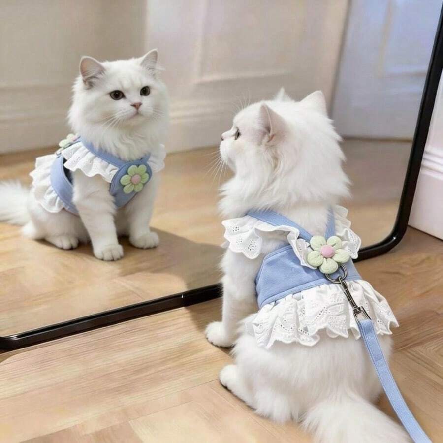 Cute Blue Floral Lace Pet Harness And Leash Set - Princess Dress Style Soft Vest Harness For Small Cats Dogs, Non-Pulling Escape Proof Chest Strap For Small Cats Dogs Daily Walking