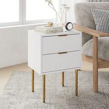 2 Drawers – Modern White Bedside Table, Vertical Grain Storage Cabinet – Gold Metal Legs - 白色 - 查看 6
