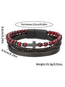 1pc Retro Cross Decor Men's Layered Beaded & PU Leather Bracelet, Natural Stone Beaded Magnetic Clasp Bracelet For Daily Wear & Gift - Multicolor - View 4
