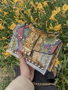 Fashion Graffiti Rivet Decor Handbag - Green - View 8