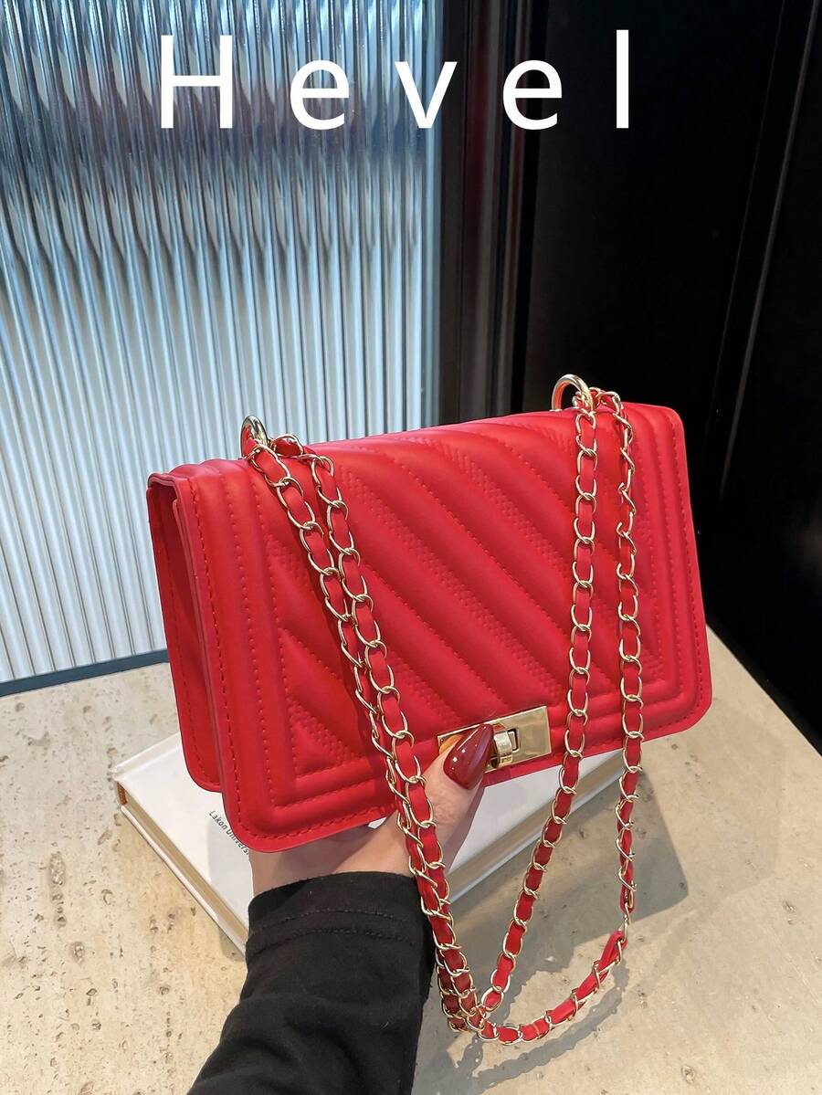 Hevel, nueva bolsa de hombro mini de moda de unicolor con relieve de PU, bolso bandolera de calle, bolso cuadrado pequeño minimalista de mujer con cadena - Rojo - Ver 1