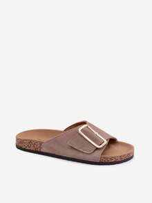 Elegant And Comfortable Women's Suede Slippers Made Of Natural Leather, On A Cork Sole, With A Gold Buckle And Contoured Insole, Ideal For Summer Black Beige Green - Khaki - View 5