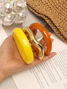 3 pièces Ensemble de bracelets joncs ronds minimalistes et élégants, accessoires de mode polyvalents pour poignet, convient pour les femmes en tenue décontractée, les vacances et le port quotidien - Jaune citron - Voir 5